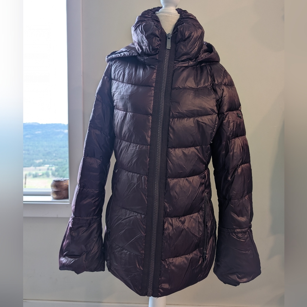 Donna Karan Burgundy Wine Quilted Puffer Jacket with Hood